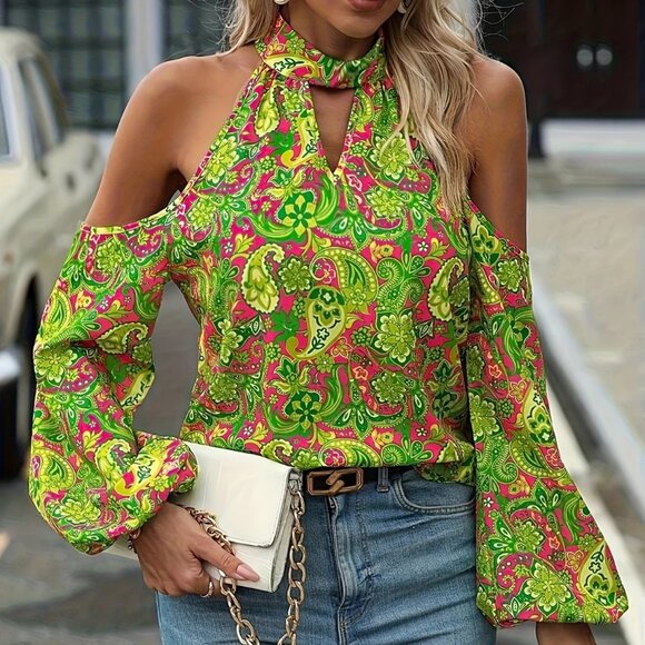 Green Pink Paisley Off The Shoulder Halter Blouse Top - Picture 4 of 7